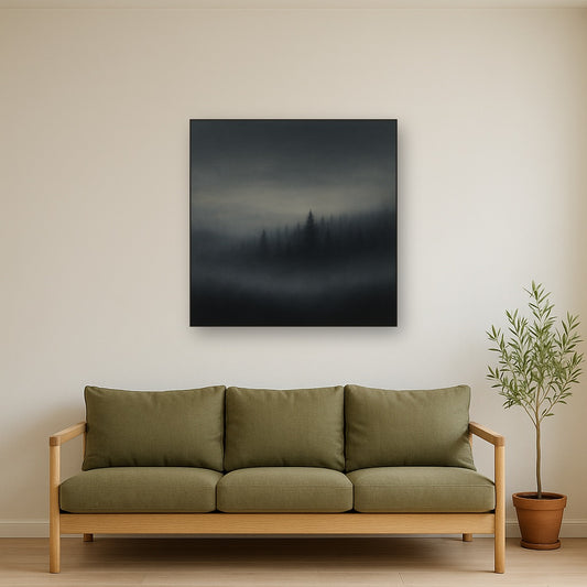 Dusk over Silent Pine Ridgeline in Charcoal Fog No. 17 Oil Painting Staged Above Sectional Sofa in Living Room, Hand Painted Canvas Wall Art for Home Decor