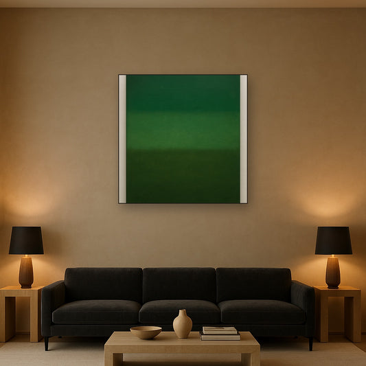 Forest Emerald & Deep Moss Contemplative Field No. 28 Oil Painting Staged Above Sectional Sofa in Living Room, Hand Painted Canvas Wall Art for Home Decor