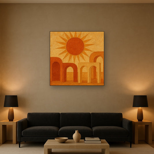 Mid-Century Terracotta Sun & Arches No. 6 Oil Painting - Styled in Modern Living Room