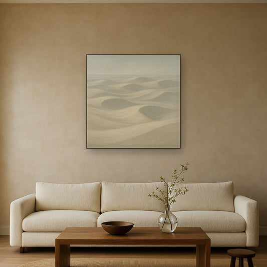 Monochrome Sand Dune Contours & Pale Slate No. 23 Oil Painting Staged Above Sectional Sofa in Living Room, Hand Painted Canvas Wall Art for Home Decor