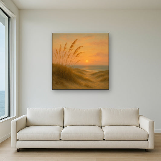 Sea Oats on Rolling Coastal Dunes at Sunset No. 11 Oil Painting Staged Above Sectional Sofa in Living Room, Hand Painted Canvas Wall Art for Home Decor