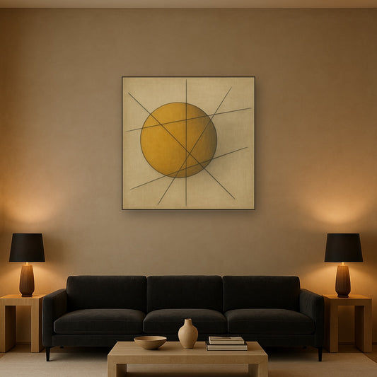 Abstract Tangent Lines & Earthy Ochre Disc No. 2 Oil Painting Staged Above Sectional Sofa in Living Room, Hand Painted Canvas Wall Art for Home Decor