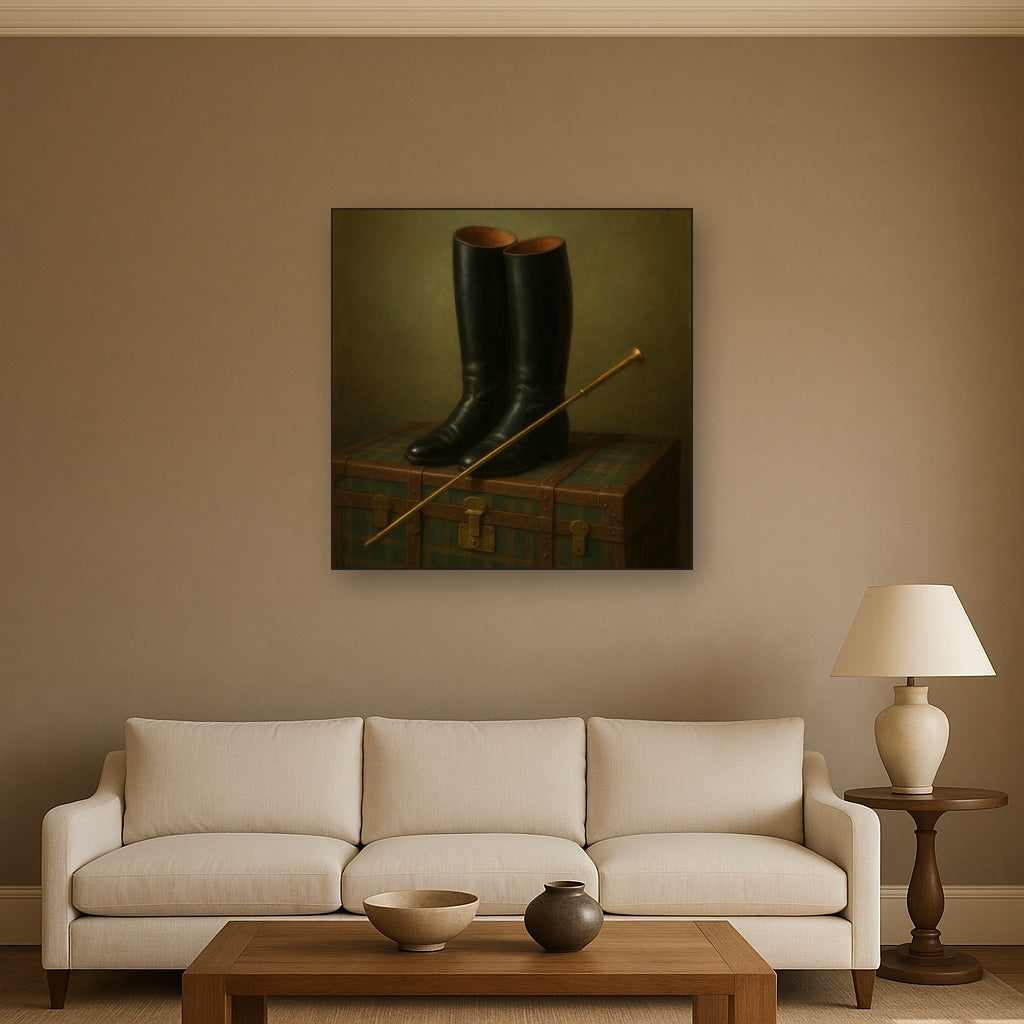 Vintage Riding Boots & Brass Crop on Trunk No. 3 Oil Painting - View 2
