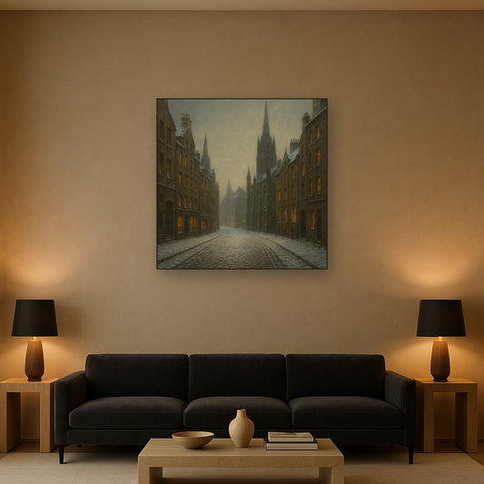 Edinburgh Old Town Royal Mile in Snow No. 14 Oil Painting Staged Above Sectional Sofa in Living Room, Hand Painted Canvas Wall Art for Home Decor