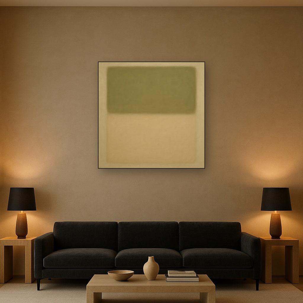 Sage Olive & Pale Sandstone Minimalist Harmony No. 26 Oil Painting Staged Above Sectional Sofa in Living Room, Hand Painted Canvas Wall Art for Home Decor