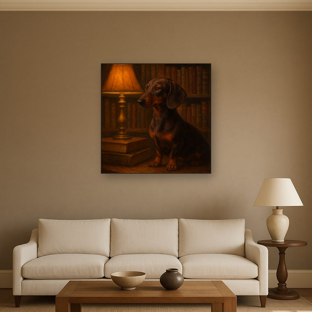 Smooth Dachshund in Moody Library Study No. 10 Fine Art Oil Painting - View 2