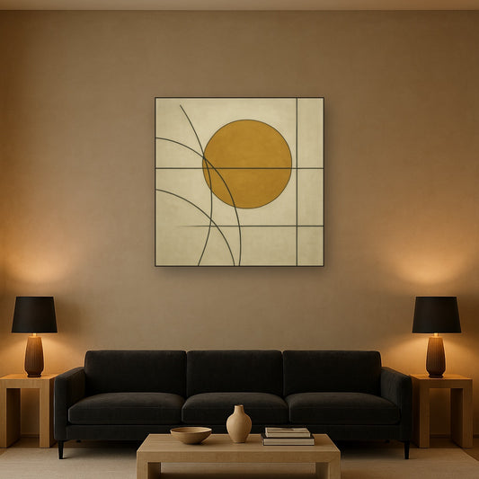 Abstract Tangent Lines & Earthy Ochre Disc No. 14 Oil Painting - View 2