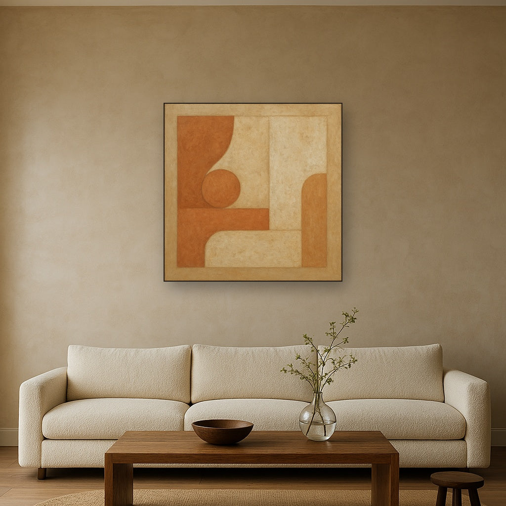 Earthy Terracotta & Weathered Plaster Wash No. 14 Oil Painting Staged Above Sectional Sofa in Living Room, Hand Painted Canvas Wall Art for Home Decor