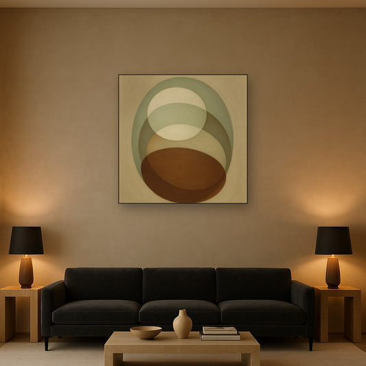 Floating Ellipse Harmony in Walnut & Pale Sage No. 25 Oil Painting Staged Above Sectional Sofa in Living Room, Hand Painted Canvas Wall Art for Home Decor