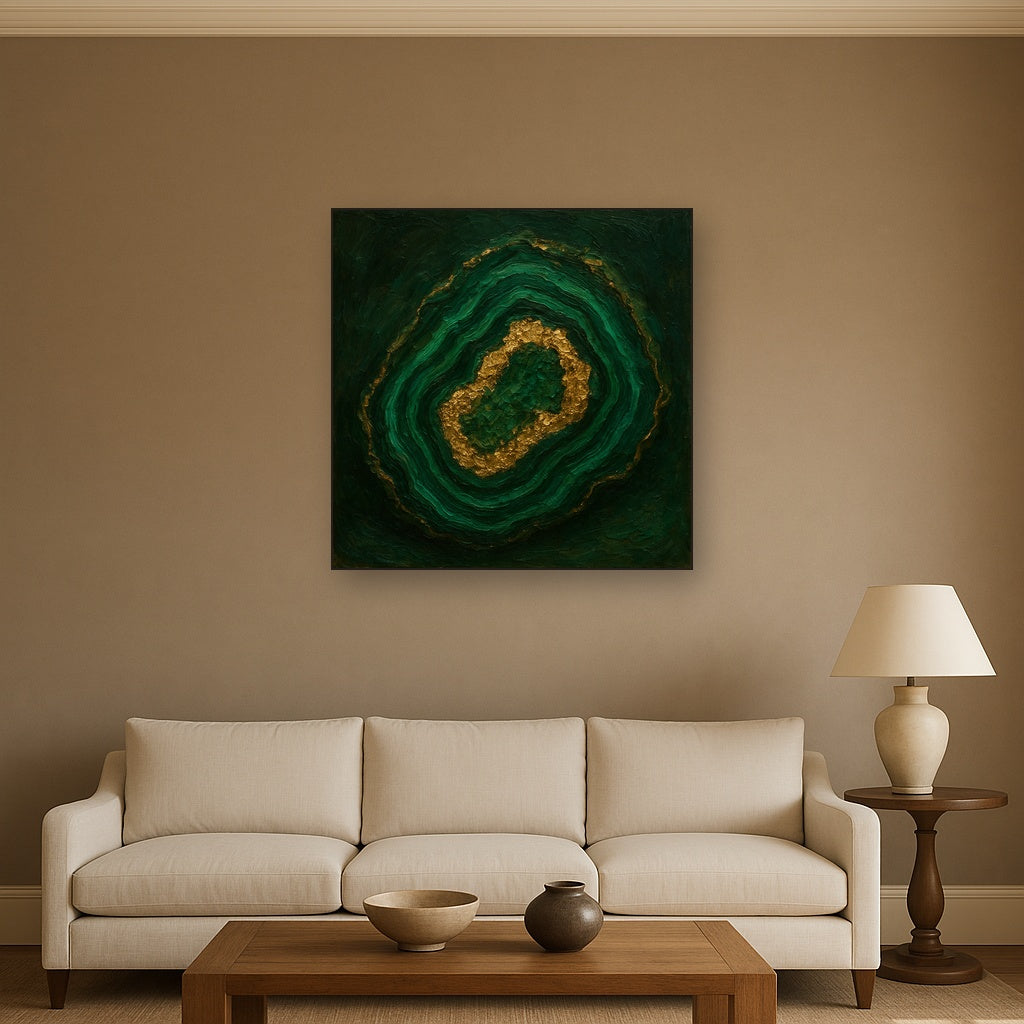 Forest Malachite & Gilded Geode No. 5 Oil Painting - Styled in Modern Living Room