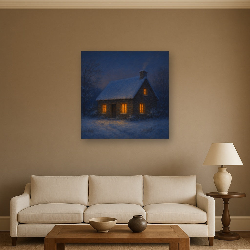Snow-Dusted Stone Cottage at Twilight No. 4 Oil Painting - View 2