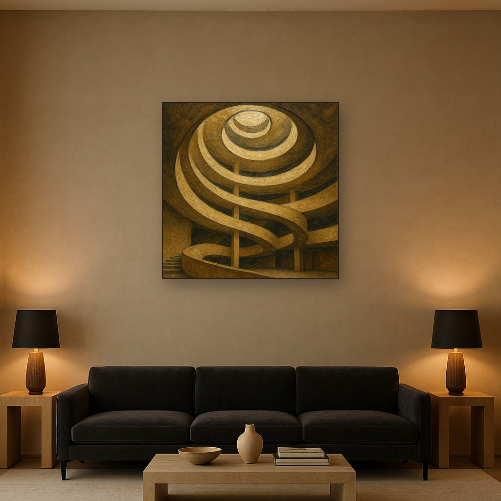 Travertine Spiral Atrium Perspective Oil Painting - Styled in Modern Living Room