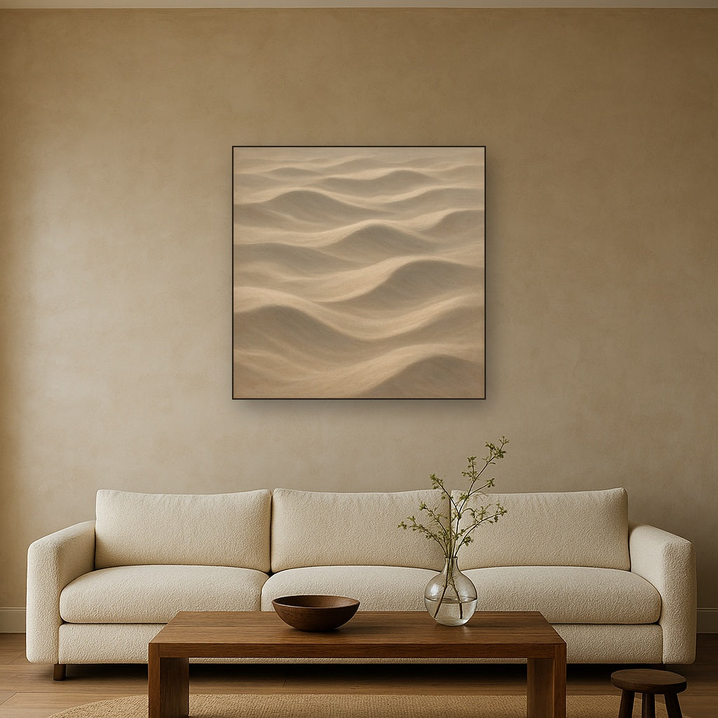 Monochrome Sand Dune Contours & Pale Slate No. 14 Oil Painting Staged Above Sectional Sofa in Living Room, Hand Painted Canvas Wall Art for Home Decor