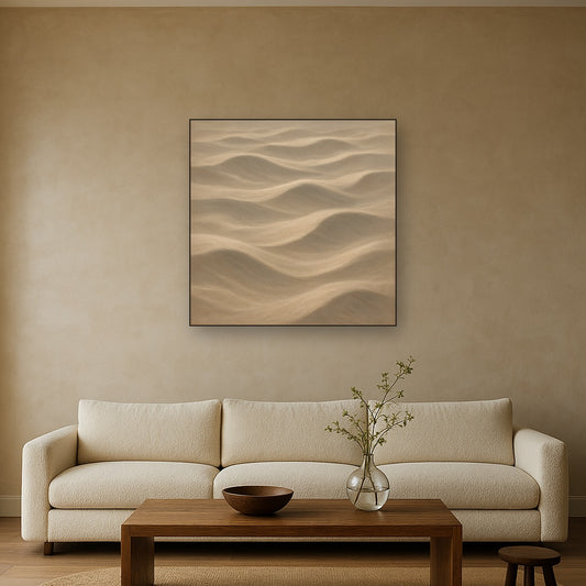 Monochrome Sand Dune Contours & Pale Slate No. 14 Oil Painting Staged Above Sectional Sofa in Living Room, Hand Painted Canvas Wall Art for Home Decor