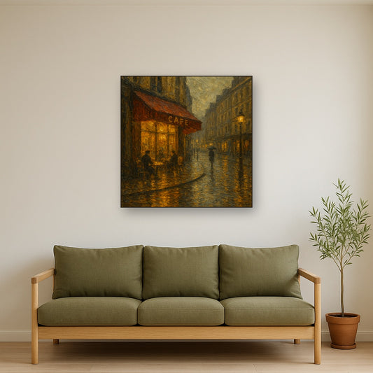Parisian Cafe Rain Reflections No. 3 Oil Painting - Styled in Modern Living Room
