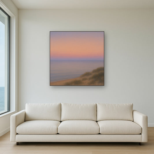 Pastel Dusk Horizon over Calm Atlantic Waters No. 2 Oil Painting Staged Above Sectional Sofa in Living Room, Hand Painted Canvas Wall Art for Home Decor