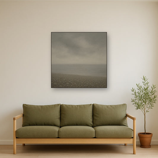 Overcast Coastal Fog & Wet Pebble Shingle No. 8 Oil Painting Staged Above Sectional Sofa in Living Room, Hand Painted Canvas Wall Art for Home Decor