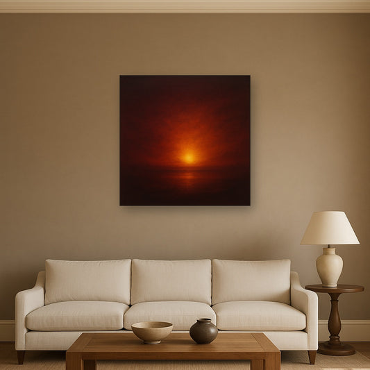 Deep Garnet & Amber Candlelight Horizon No. 4 Oil Painting Staged Above Sectional Sofa in Living Room, Hand Painted Canvas Wall Art for Home Decor