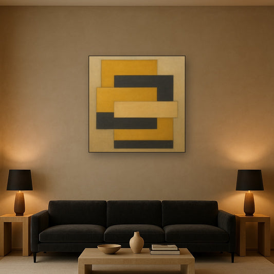 Stacked Horizon Blocks in Mustard & Charcoal No. 11 Oil Painting Staged Above Sectional Sofa in Living Room, Hand Painted Canvas Wall Art for Home Decor