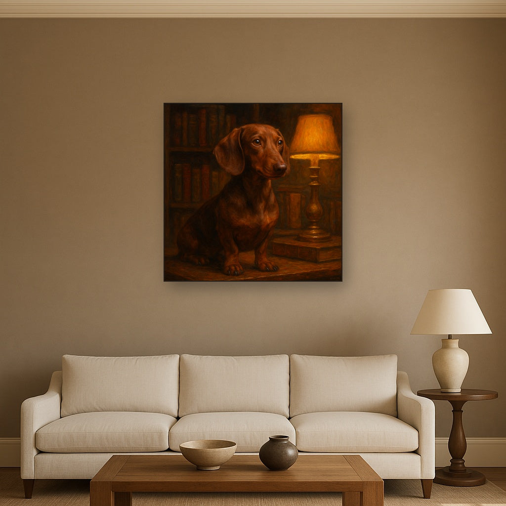 Smooth Dachshund in Moody Library Study No. 15 Fine Art Oil Painting - View 2