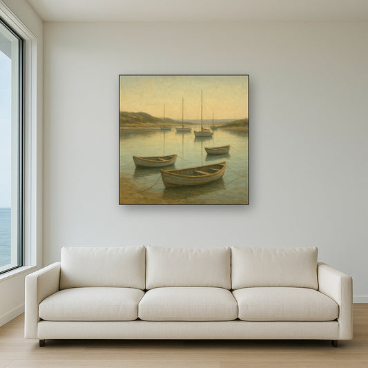 Quiet Fishing Harbor at Morning Low Tide No. 7 Oil Painting Staged Above Sectional Sofa in Living Room, Hand Painted Canvas Wall Art for Home Decor