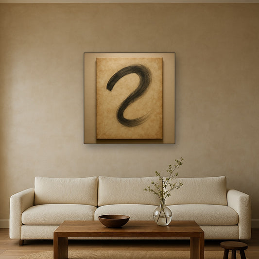 Aged Rice Paper & Charcoal Calligraphic Balance No. 19 Oil Painting Staged Above Sectional Sofa in Living Room, Hand Painted Canvas Wall Art for Home Decor