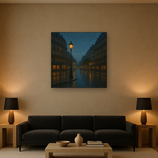 Rainy Parisian Boulevard at Twilight No. 10 Oil Painting Staged Above Sectional Sofa in Living Room, Hand Painted Canvas Wall Art for Home Decor