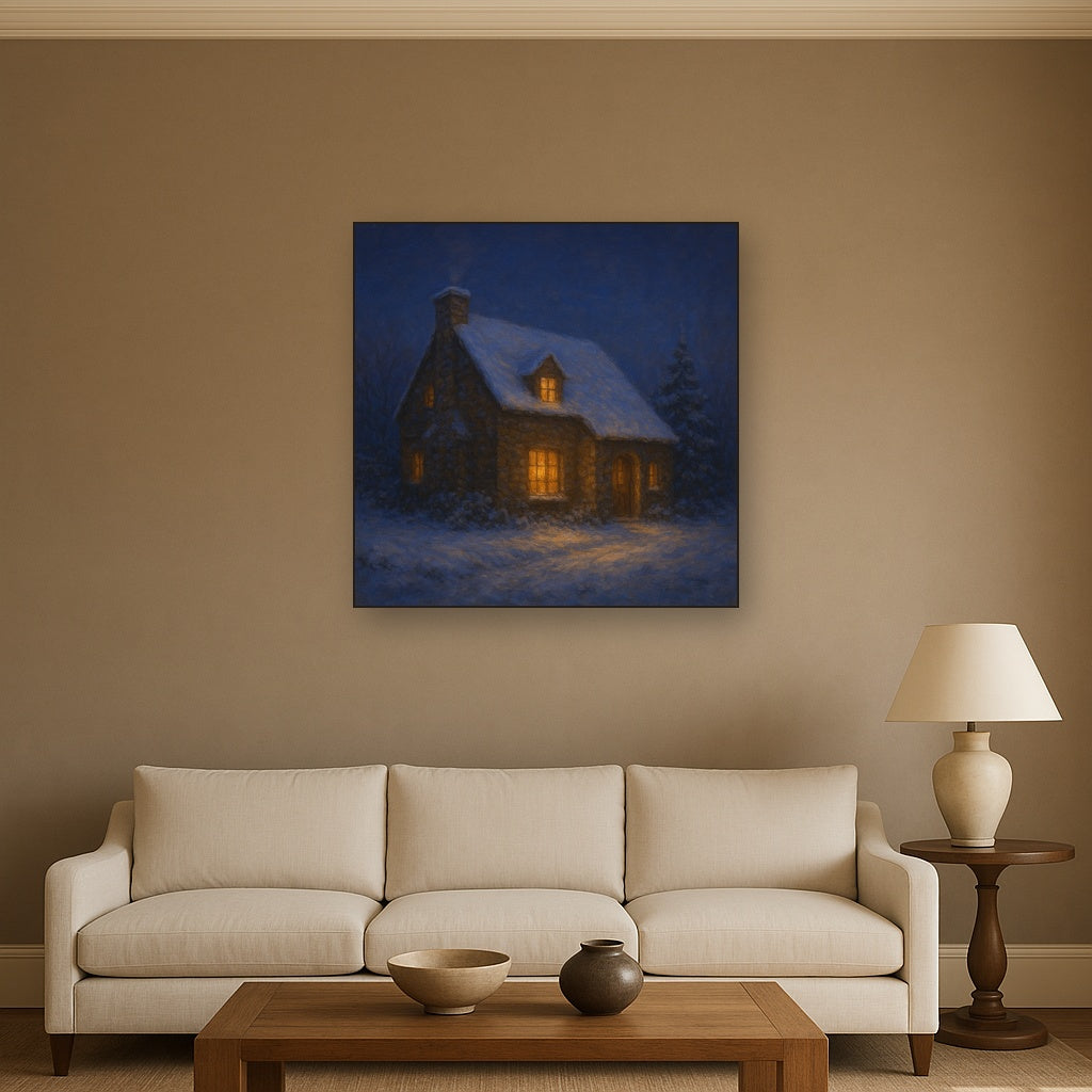 Snow-Dusted Stone Cottage at Twilight Oil Painting - View 2