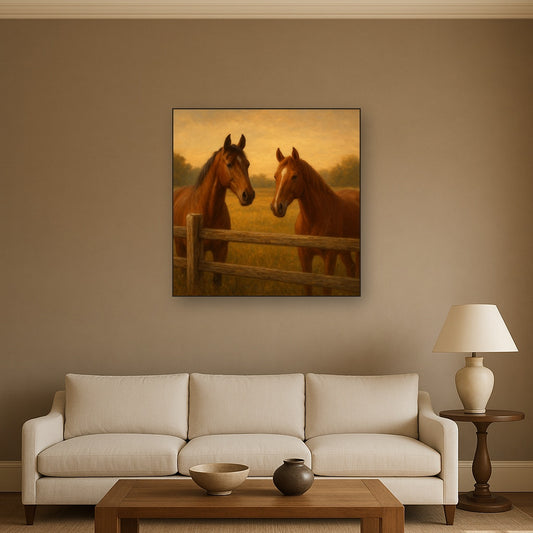 Two Horses at Rustic Post & Rail Fence Oil Painting Staged Above Sectional Sofa in Living Room, Hand Painted Canvas Wall Art for Home Decor