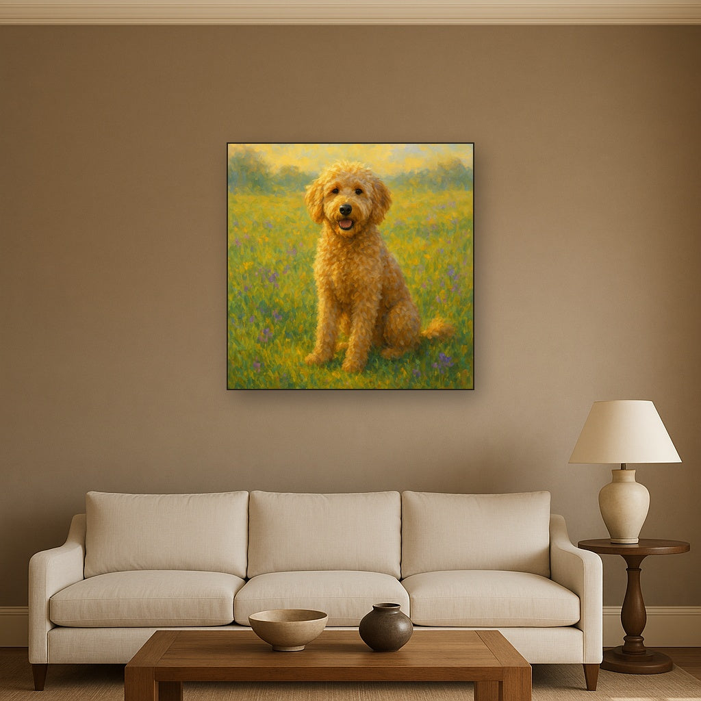 Fluffy Goldendoodle in Sun-Drenched Meadow No. 6 Fine Art Oil Painting - View 2