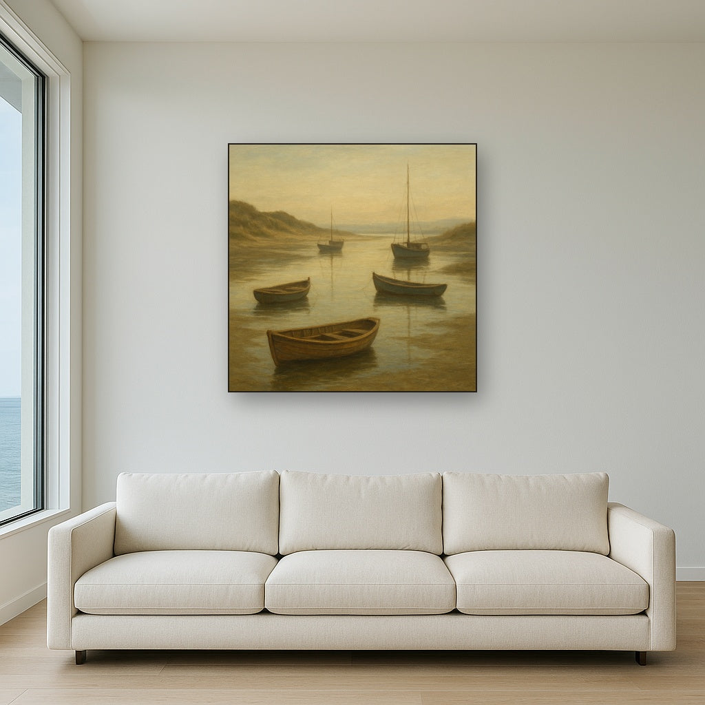 Quiet Fishing Harbor at Morning Low Tide No. 17 Oil Painting - View 2