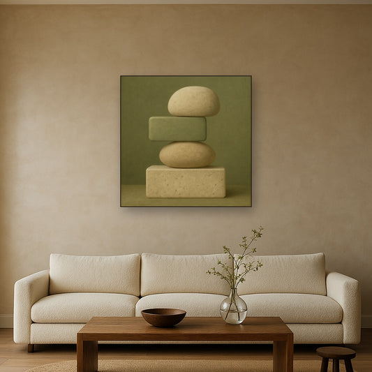 Muted Olive & Sandstone Geometric Balance No. 26 Oil Painting Staged Above Sectional Sofa in Living Room, Hand Painted Canvas Wall Art for Home Decor