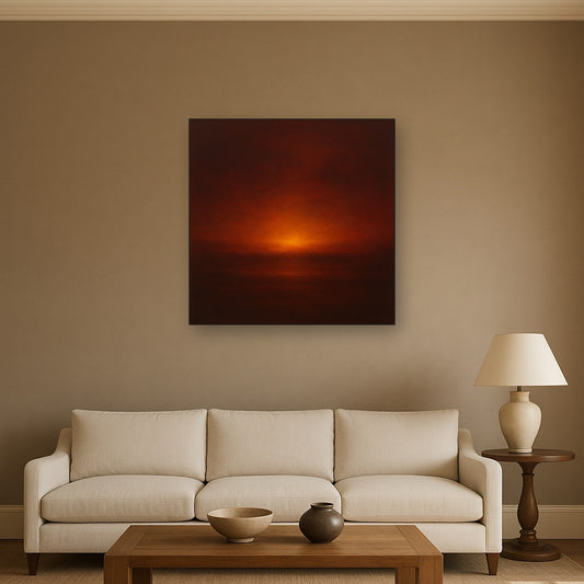 Deep Garnet & Amber Candlelight Horizon No. 6 Oil Painting Staged Above Sectional Sofa in Living Room, Hand Painted Canvas Wall Art for Home Decor