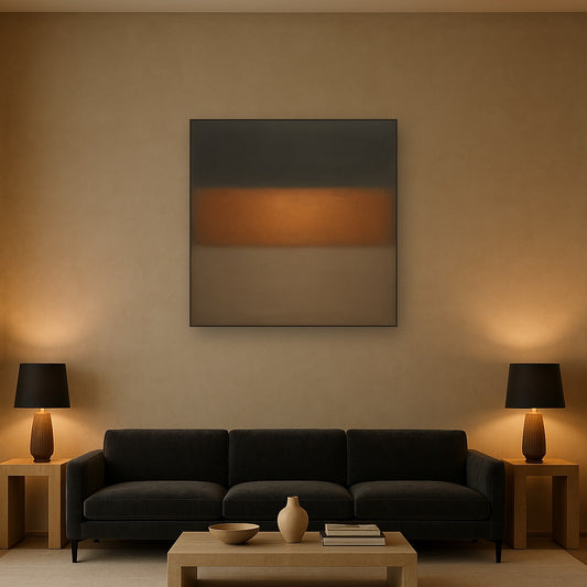 Charcoal Slate & Burnished Copper Horizon No. 15 Oil Painting Staged Above Sectional Sofa in Living Room, Hand Painted Canvas Wall Art for Home Decor