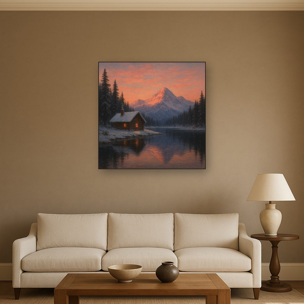 Winter Solstice Mountain Cabin Reflection No. 2 Oil Painting - View 2