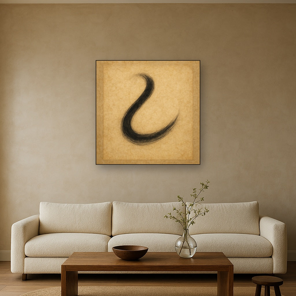 Aged Rice Paper & Charcoal Calligraphic Balance No. 8 Oil Painting Staged Above Sectional Sofa in Living Room, Hand Painted Canvas Wall Art for Home Decor