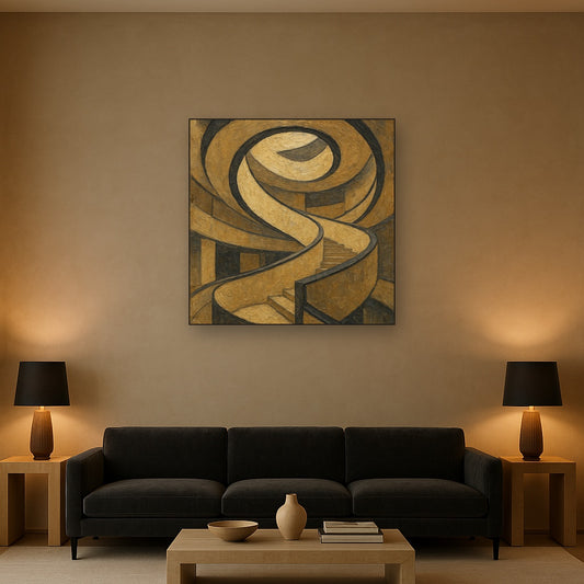 Travertine Spiral Atrium Perspective No. 8 Oil Painting - Styled in Modern Living Room