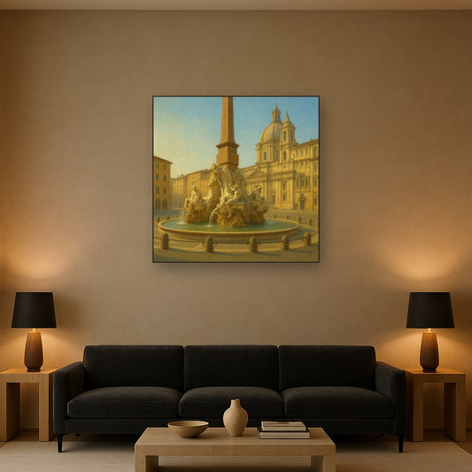 Rome Piazza Fountain in Morning Sunlight No. 7 Oil Painting Staged Above Sectional Sofa in Living Room, Hand Painted Canvas Wall Art for Home Decor