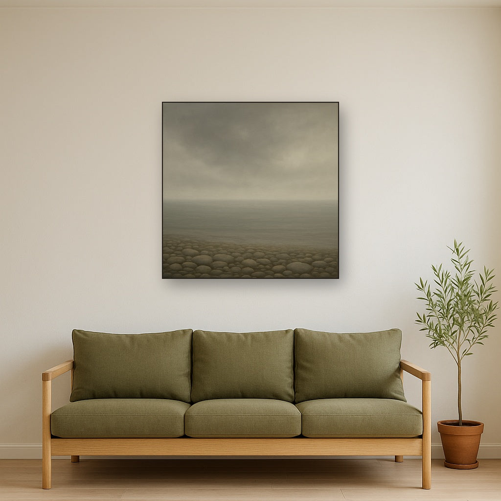 Overcast Coastal Fog & Wet Pebble Shingle No. 24 Oil Painting Staged Above Sectional Sofa in Living Room, Hand Painted Canvas Wall Art for Home Decor