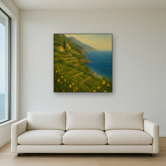 Italian Amalfi Coastline Terraces & Lemon Grove No. 15 Oil Painting Staged Above Sectional Sofa in Living Room, Hand Painted Canvas Wall Art for Home Decor