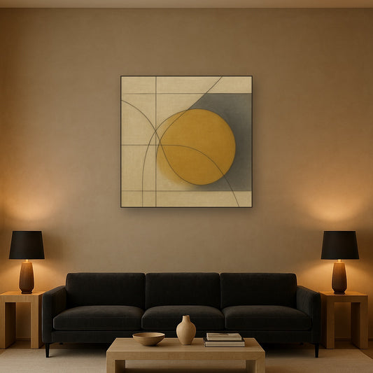 Abstract Tangent Lines & Earthy Ochre Disc No. 17 Oil Painting - View 2