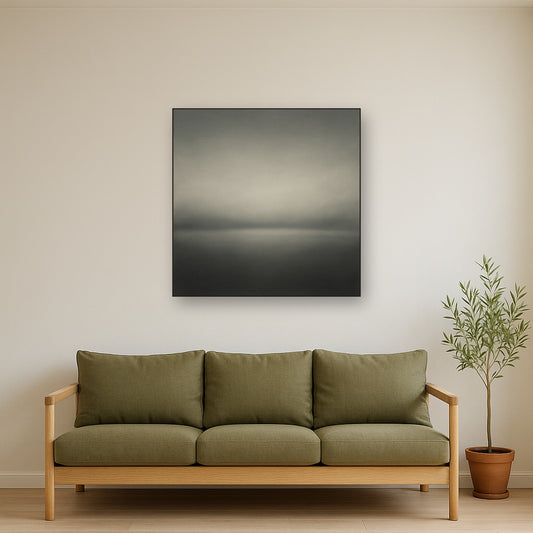 Monochrome Charcoal Drift & Soft Sfumato Horizon No. 20 Oil Painting Staged Above Sectional Sofa in Living Room, Hand Painted Canvas Wall Art for Home Decor