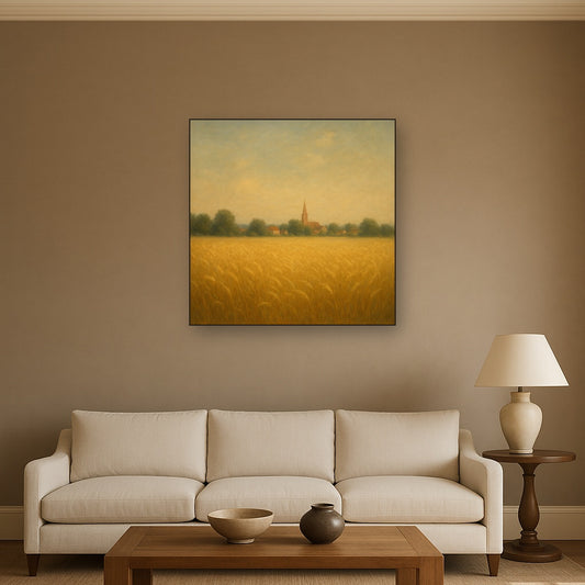 Sun-Drenched Wheatfield & Distant Village No. 7 Oil Painting Staged Above Sectional Sofa in Living Room, Hand Painted Canvas Wall Art for Home Decor