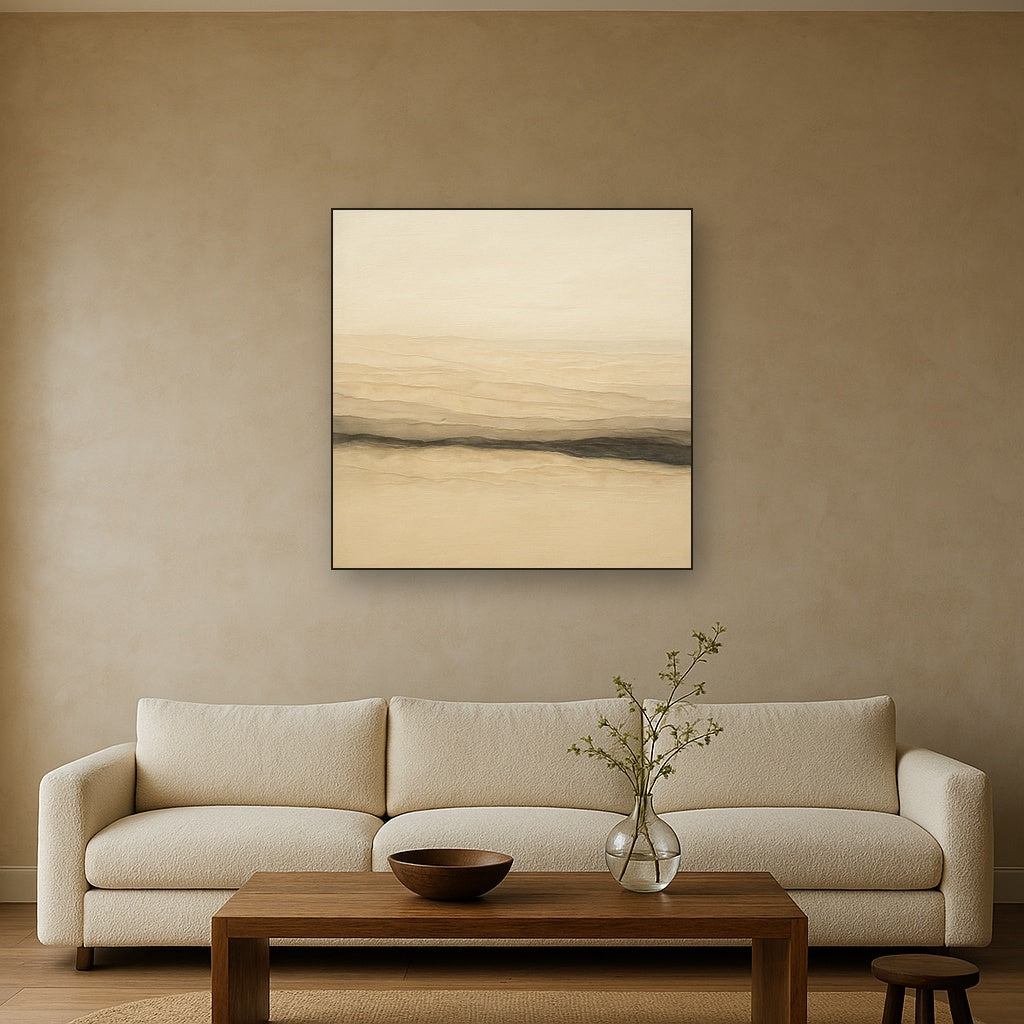 Raw Limestone Horizon & Washed Linen No. 4 Oil Painting Staged Above Sectional Sofa in Living Room, Hand Painted Canvas Wall Art for Home Decor