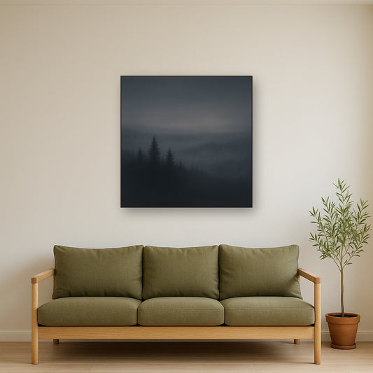 Dusk over Silent Pine Ridgeline in Charcoal Fog No. 18 Oil Painting Staged Above Sectional Sofa in Living Room, Hand Painted Canvas Wall Art for Home Decor