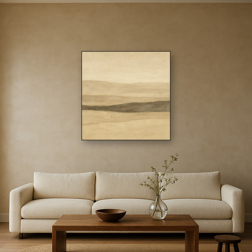 Raw Limestone Horizon & Washed Linen No. 18 Oil Painting Staged Above Sectional Sofa in Living Room, Hand Painted Canvas Wall Art for Home Decor