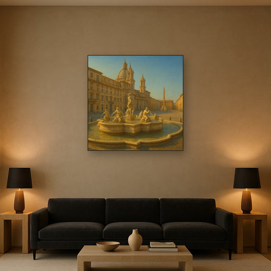Rome Piazza Fountain in Morning Sunlight No. 28 Oil Painting Staged Above Sectional Sofa in Living Room, Hand Painted Canvas Wall Art for Home Decor