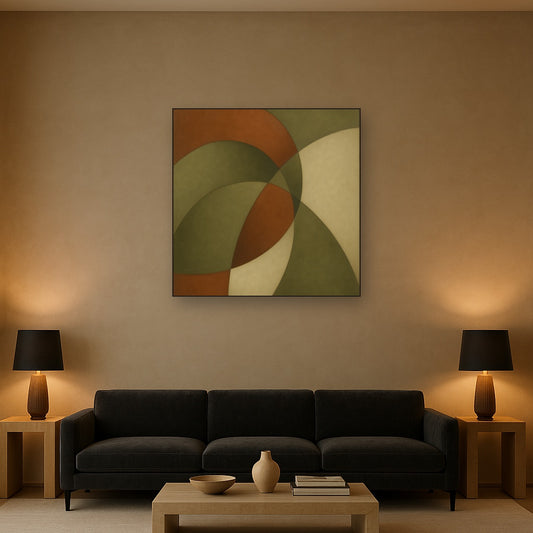 Intersecting Curved Forms in Olive & Rust No. 6 Oil Painting Staged Above Sectional Sofa in Living Room, Hand Painted Canvas Wall Art for Home Decor
