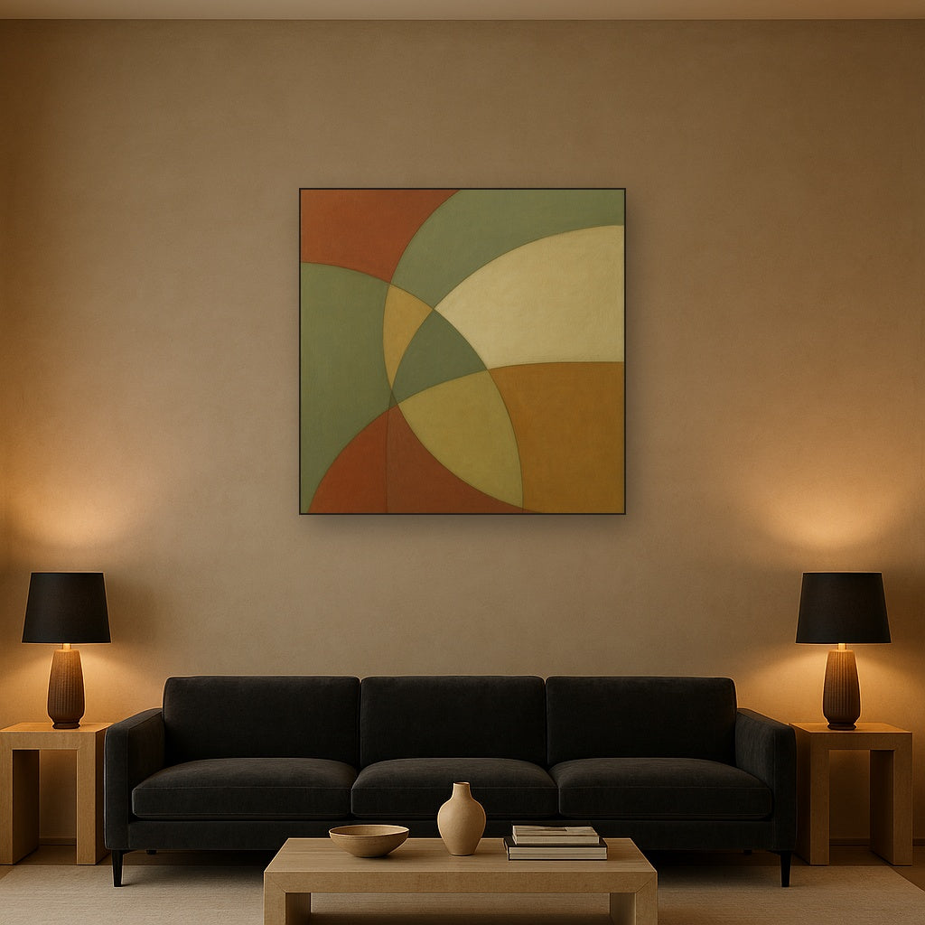 Intersecting Curved Forms in Olive & Rust No. 16 Oil Painting Staged Above Sectional Sofa in Living Room, Hand Painted Canvas Wall Art for Home Decor