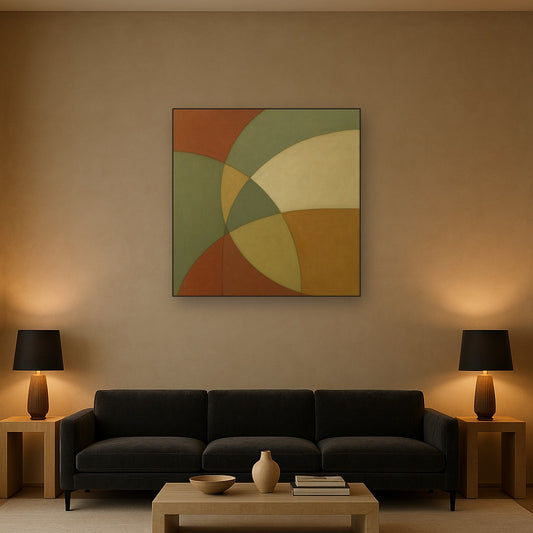 Intersecting Curved Forms in Olive & Rust No. 16 Oil Painting Staged Above Sectional Sofa in Living Room, Hand Painted Canvas Wall Art for Home Decor